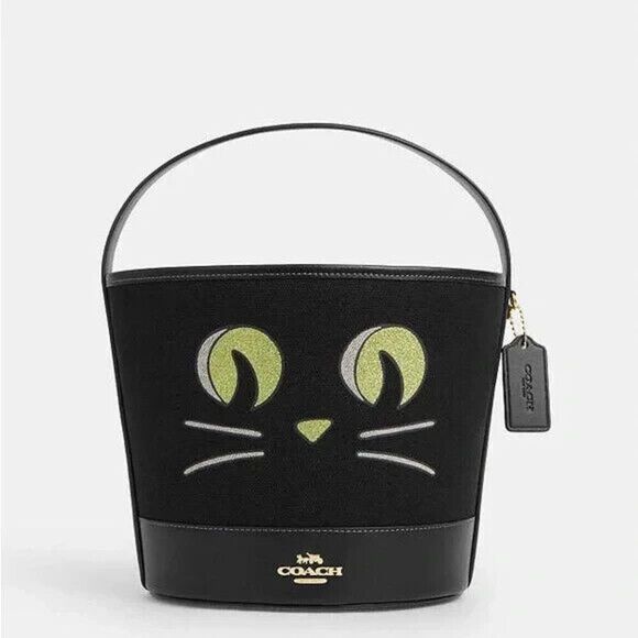 Coach Trick Or Treat Bucket In Signature Canvas Halloween Black Cat Graphic NWT - Picture 1 of 5
